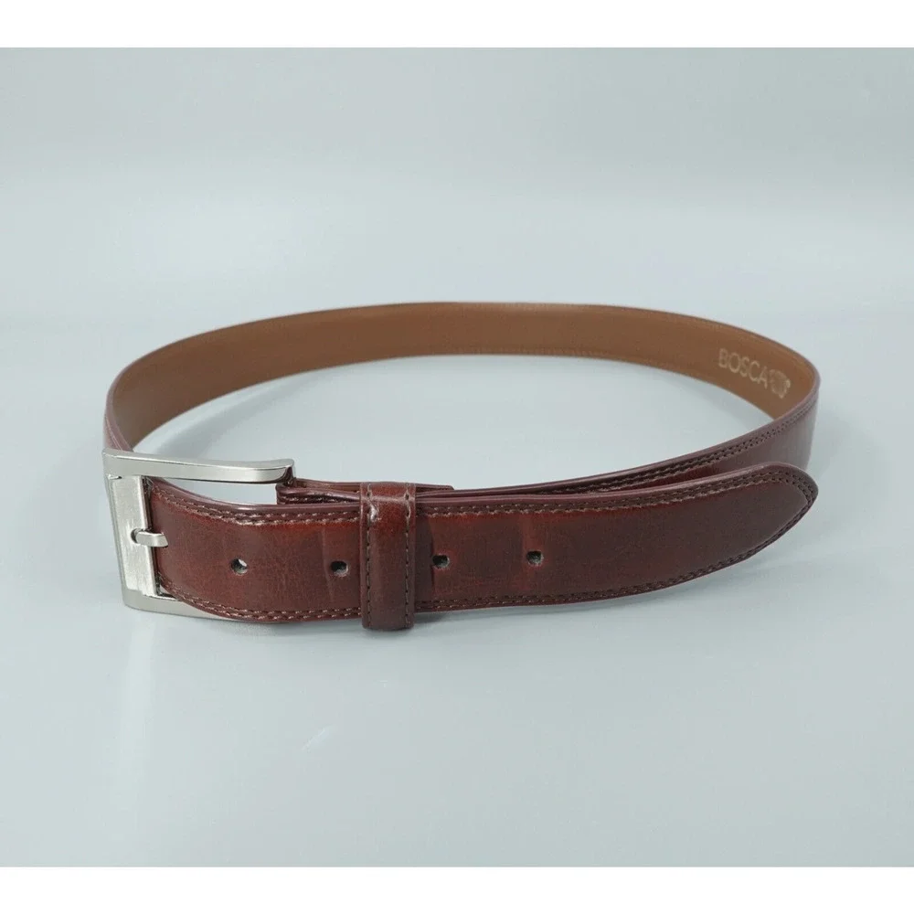 Bosca Leather Belt Mens 36 Brown Silver Tone Buckle Workwear Career BO3745‎